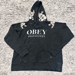 Obey Propaganda Black Hoodie Sweatshirt with Embroidered Pink Flowers